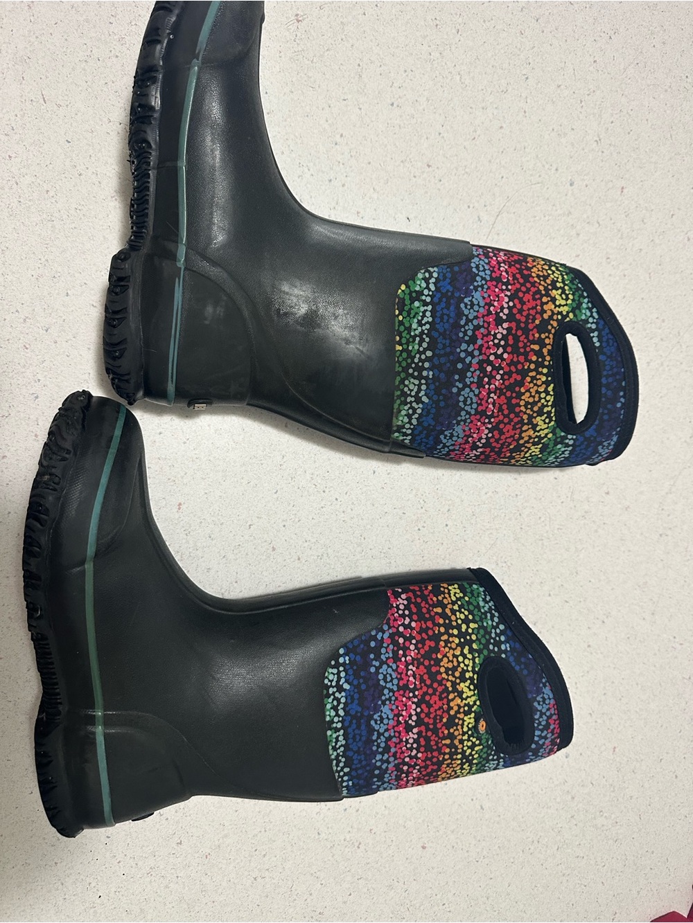 Black Rain Boots with Rainbow Speckle Handle BOGS size 7